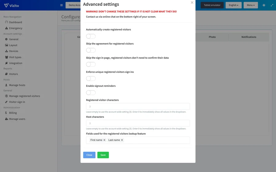 visit type advanced settings