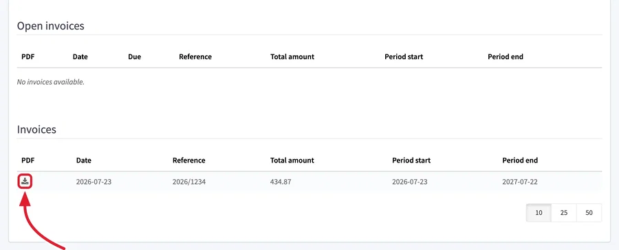 the invoice tables with the download icon