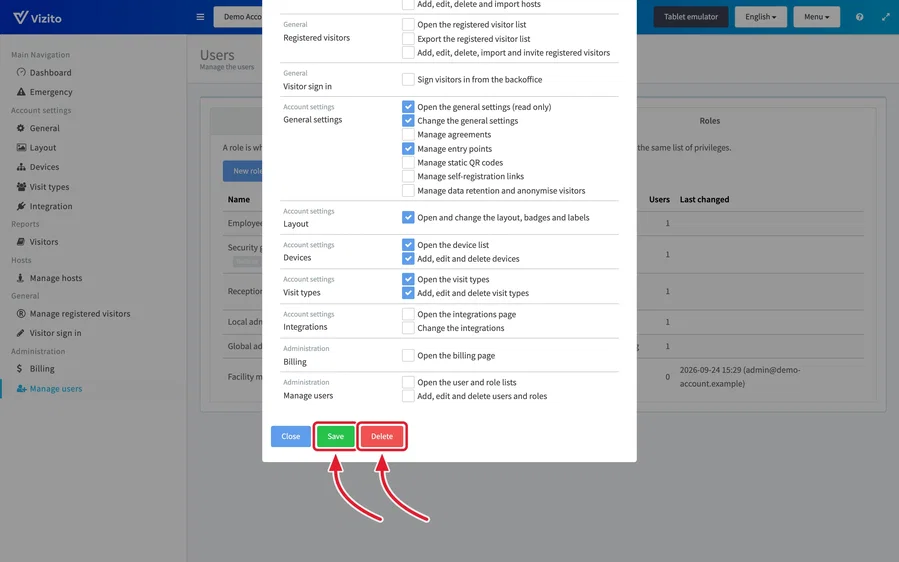 Save and Delete at the bottom of the role editor