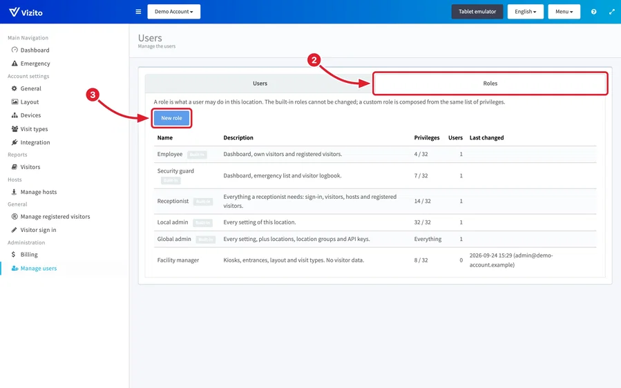 The Roles tab under Manage users
