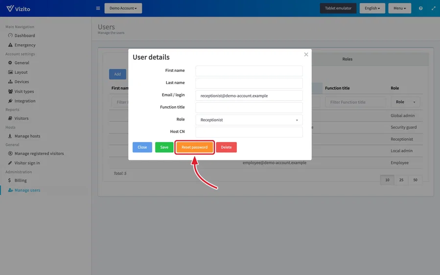 the Reset password button in User details