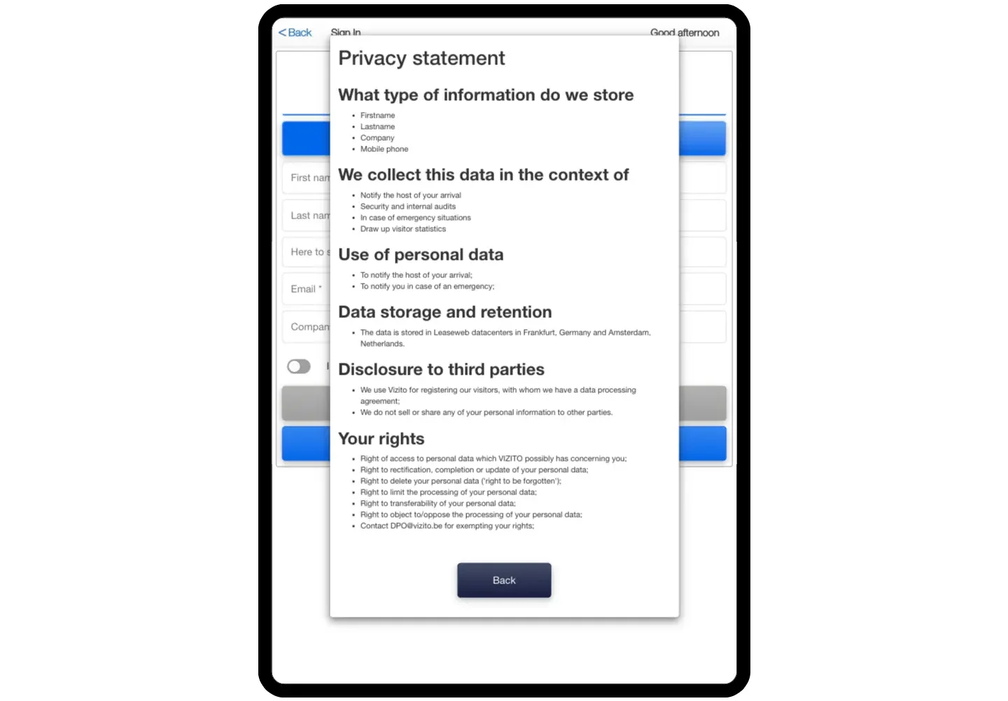 privacy agreement vizito app