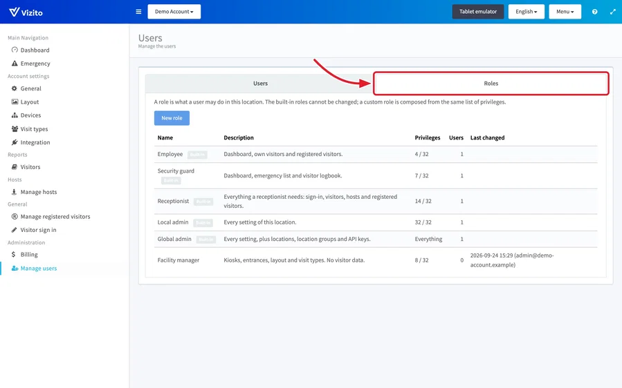 The Roles tab with the five built-in roles and one custom role