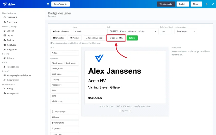 Edit as HTML in the badge designer toolbar