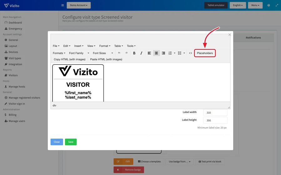 The Placeholders button on the editor toolbar