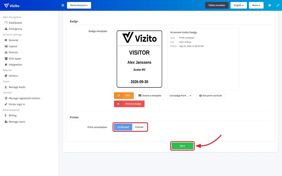 Print orientation under Printer, and Save at the bottom of the Badge tab