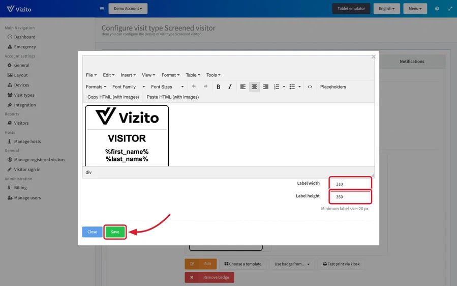 The label size fields and the Save button of the editor