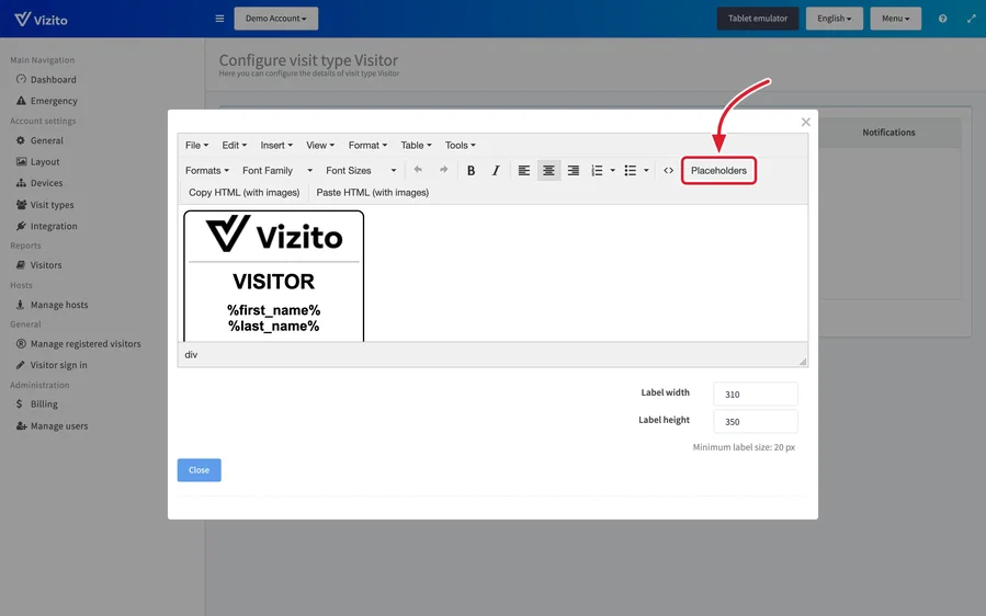 The Placeholders button on the editor toolbar
