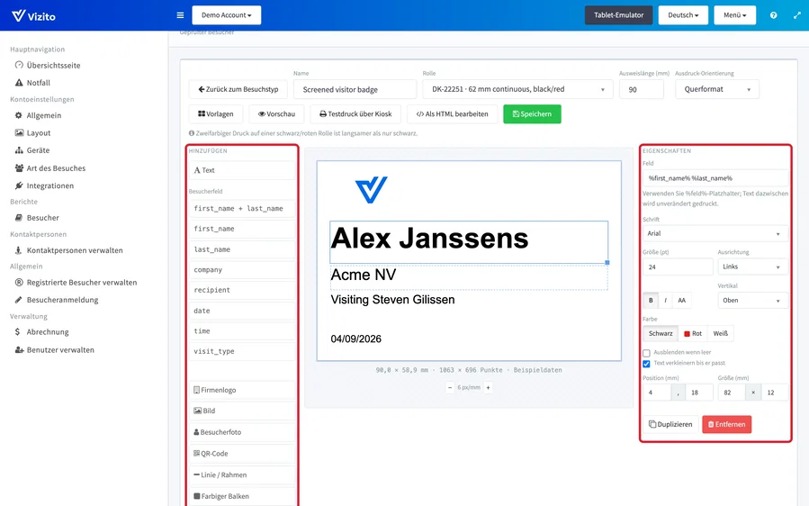 Der Ausweis-Designer, mit der Elementliste und den Eigenschaften umrandet