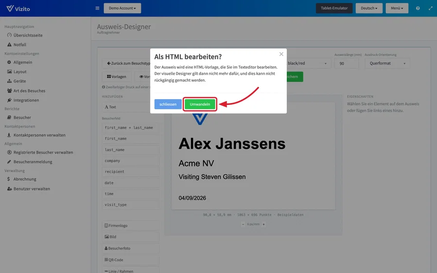 Das Fenster Als HTML bearbeiten? mit der Schaltfläche Umwandeln