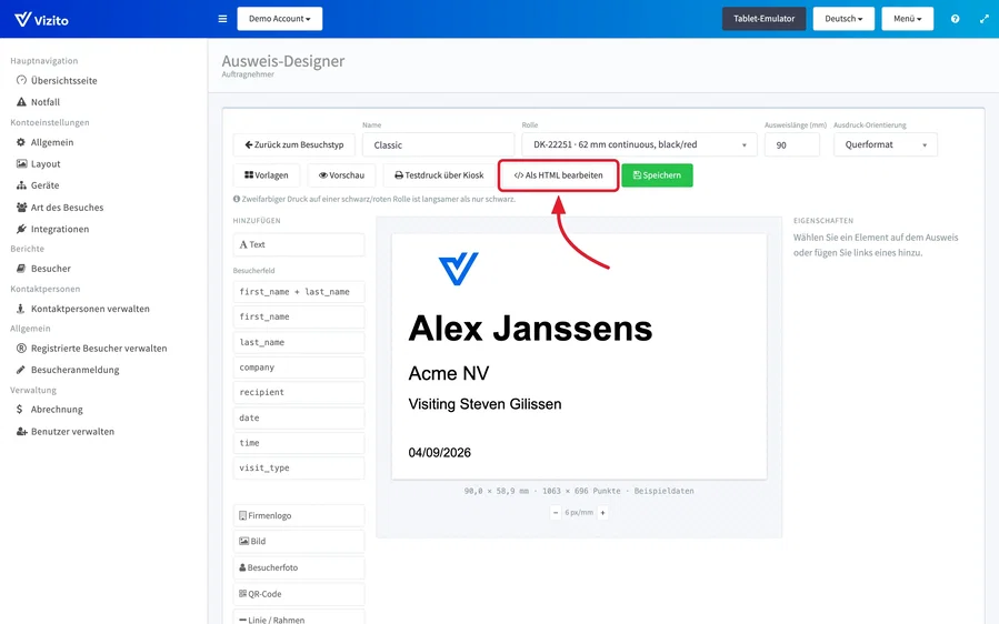 Als HTML bearbeiten in der Werkzeugleiste des Ausweis-Designers