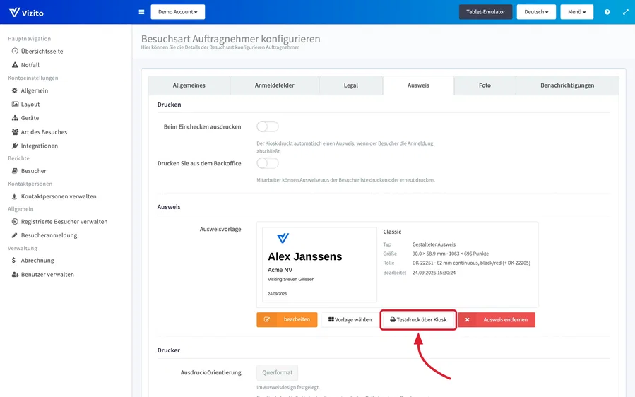 Testdruck über Kiosk auf dem Tab Ausweis