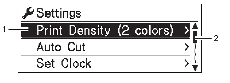 Das Menü Settings auf dem Druckerdisplay