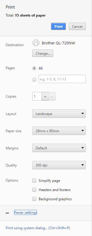 Druckeinstellungen in Google Chrome mit einem Brother QL-720NW und einem Etikett von 29 mm x 90 mm