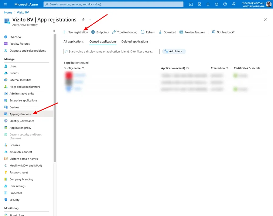 Vizito-Integration Azure Active Directory App-Registrierung