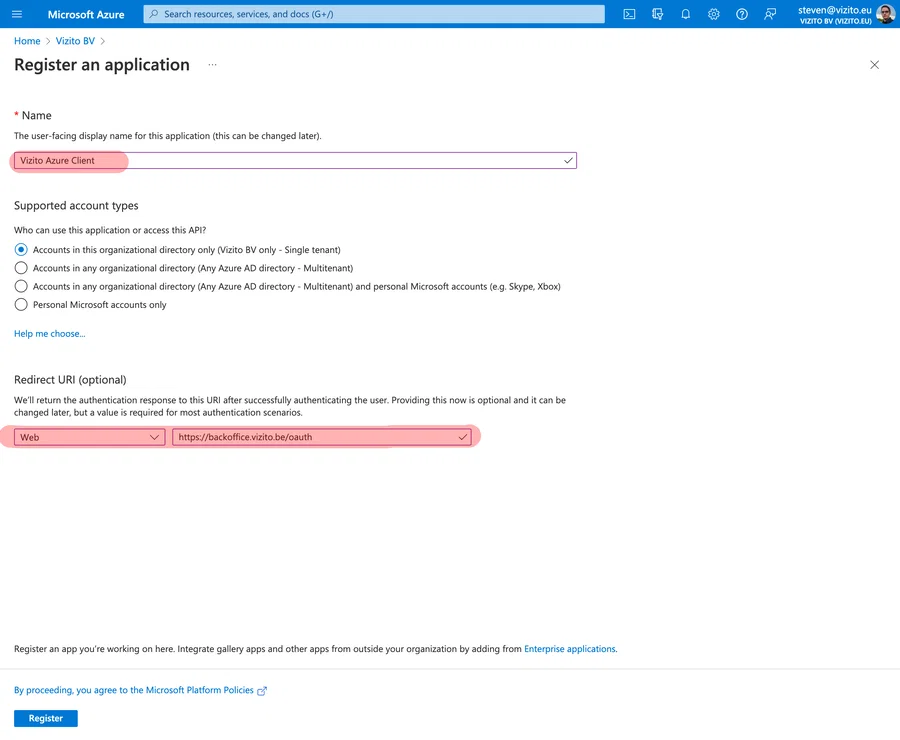 Vizito-Integration Azure Active Directory Felder