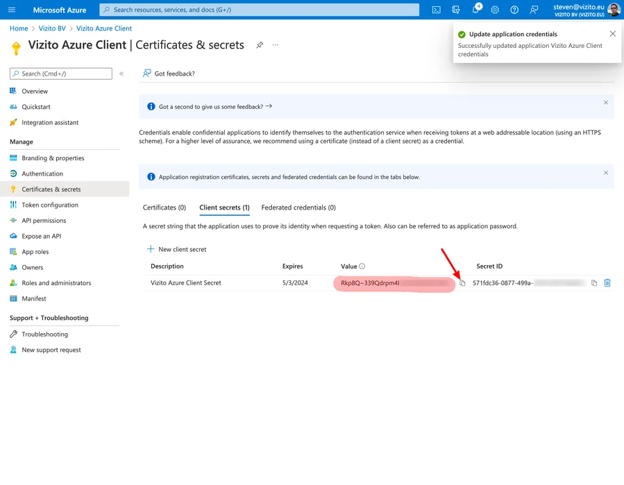 Vizito-Integration Azure Active Directory Übersicht der Client Secrets
