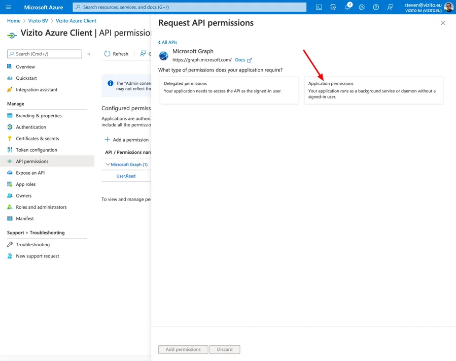 Vizito-Integration Azure Active Directory API-Berechtigungen Anwendung