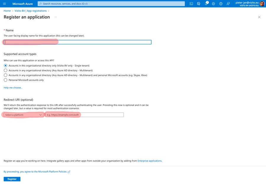 Leere App-Registrierung