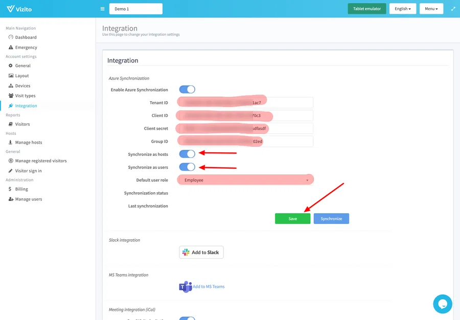 Azure-Integration speichern