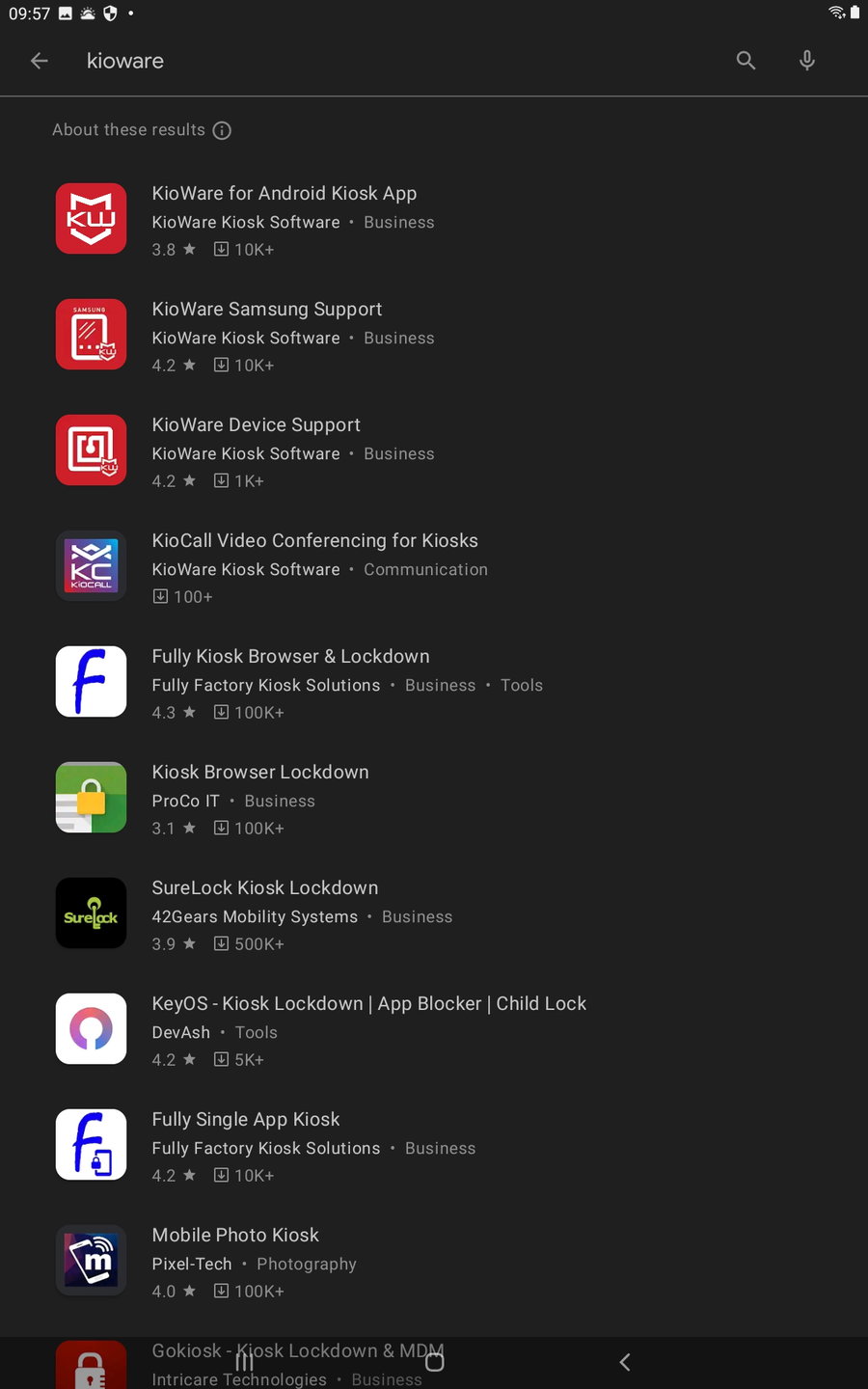 Android-Tablet Play Store KioWare-Liste