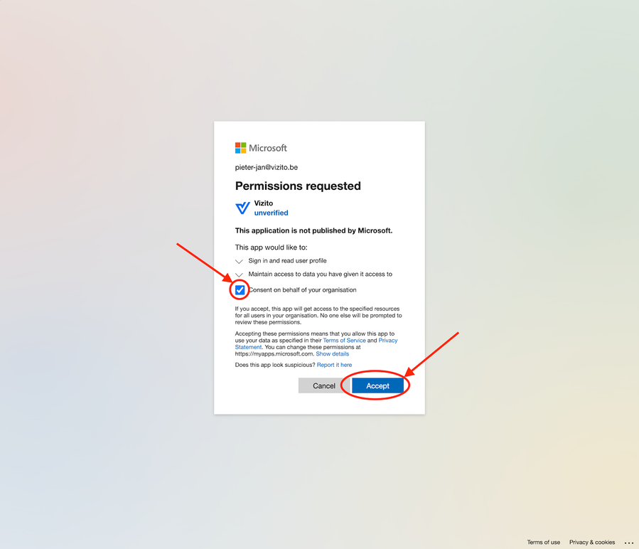Vizito-Integration Teams Office-365-Anmeldung