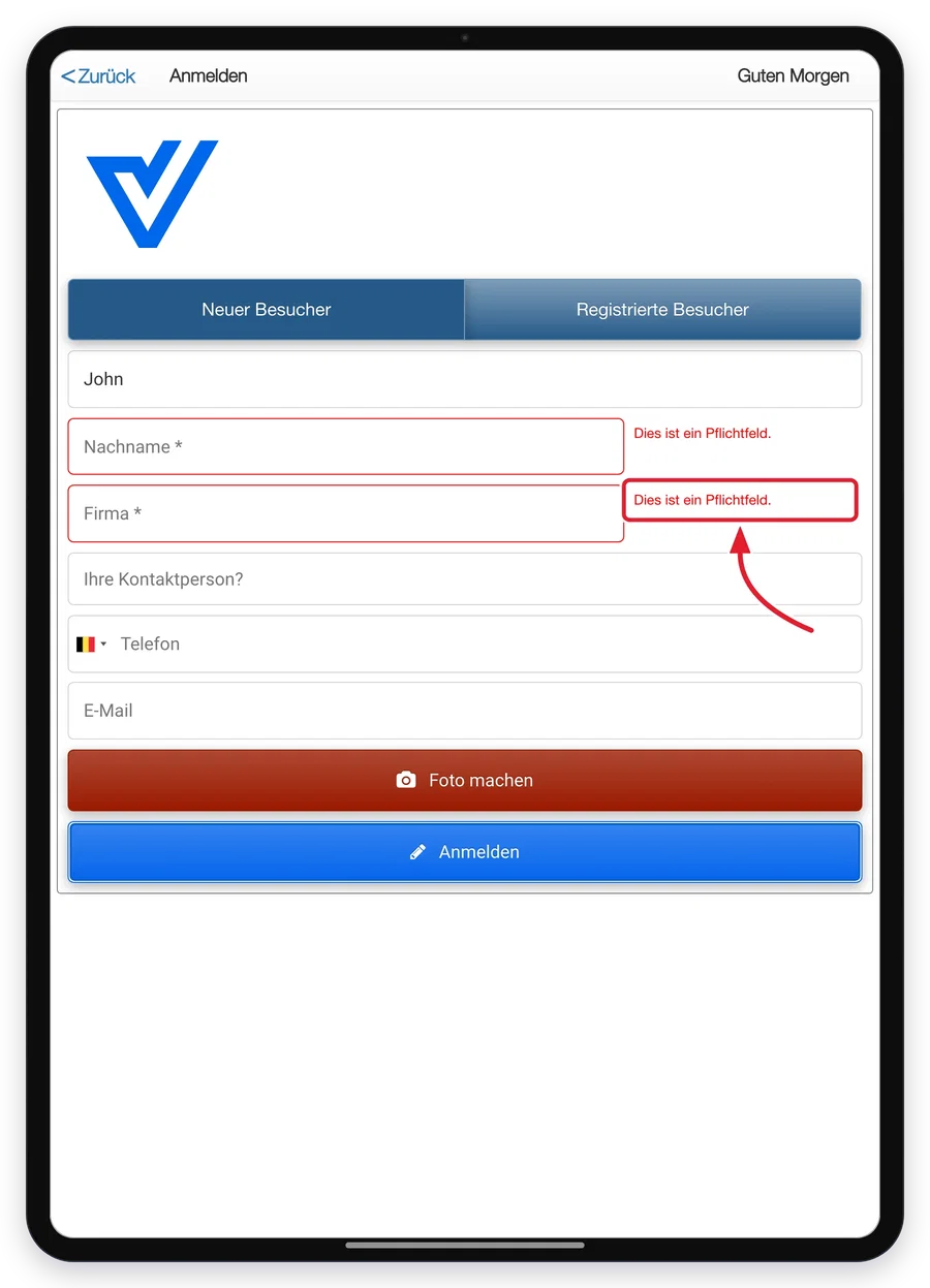 Die Meldung zum Pflichtfeld auf dem Tablet