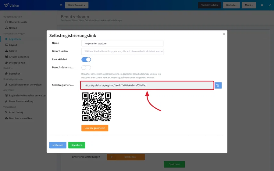 Das Fenster Selbstregistrierungslink