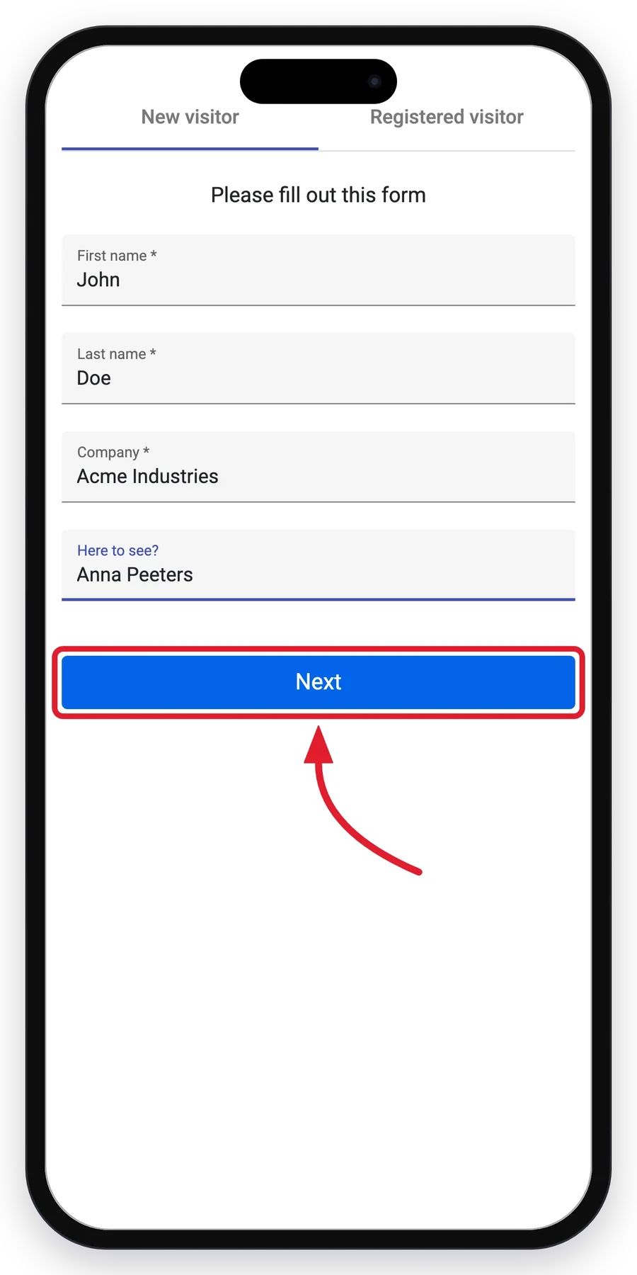 Das Anmeldeformular auf dem Telefon des Besuchers ausfüllen