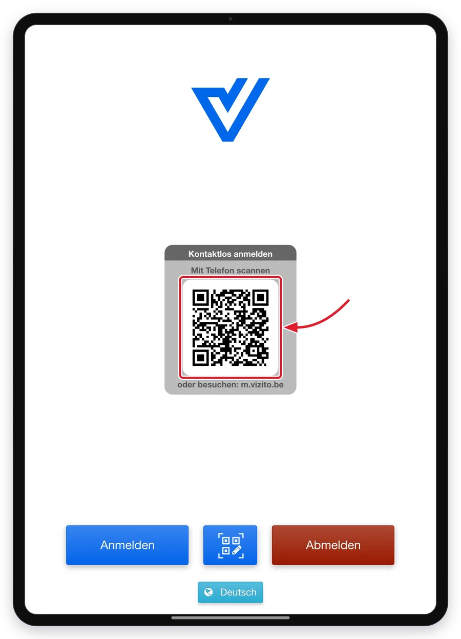 Der kontaktlose QR-Code auf dem Begrüssungsbildschirm des Tablets