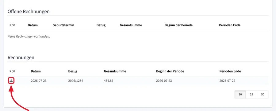 die Rechnungstabellen mit dem Download-Symbol