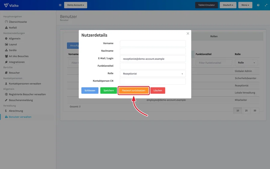 die Schaltfläche Passwort zurücksetzen in Nutzerdetails