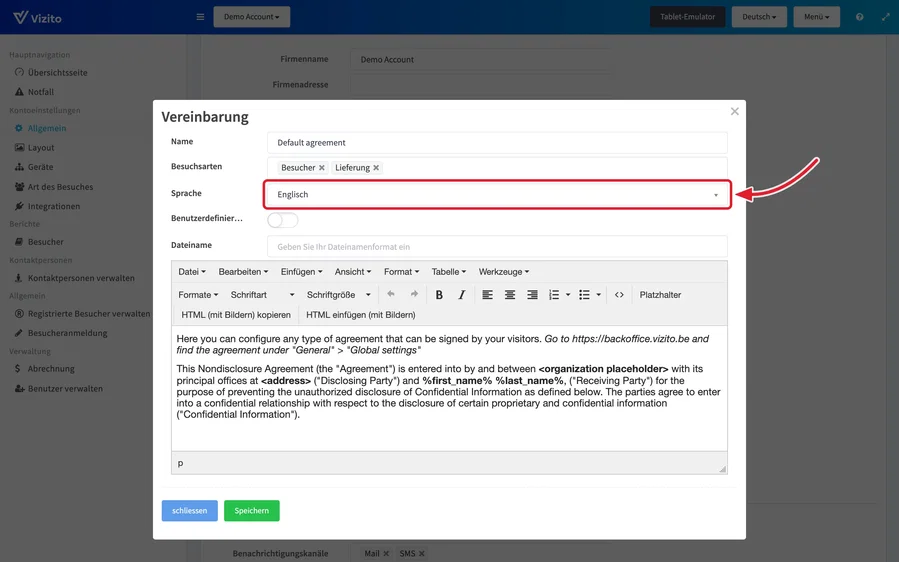 Das Vereinbarungsfenster mit der Sprachauswahl