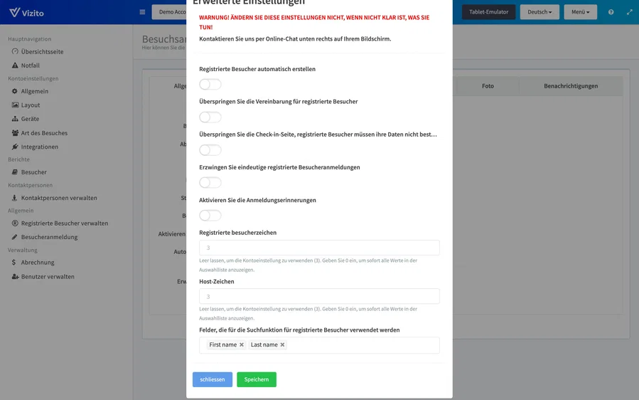 Erweiterte Einstellungen der Besuchsart