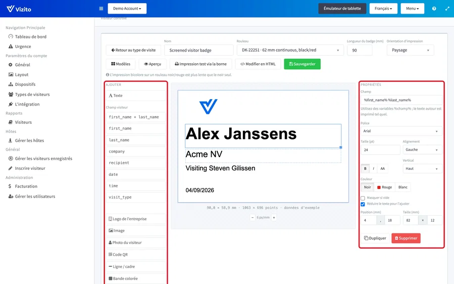 Le concepteur de badges, avec la liste des éléments et les propriétés encadrées