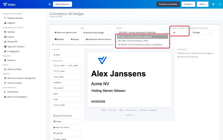 La liste Rouleau et le champ Longueur du badge dans la barre d’outils du concepteur