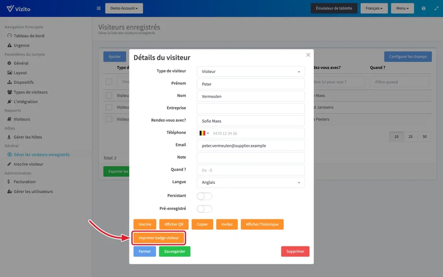La fenêtre Détails du visiteur d&rsquo;un visiteur enregistré, avec le bouton Imprimer badge visiteur