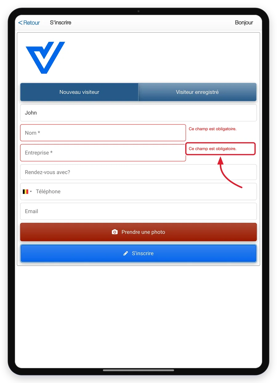 le message de champ obligatoire sur la tablette