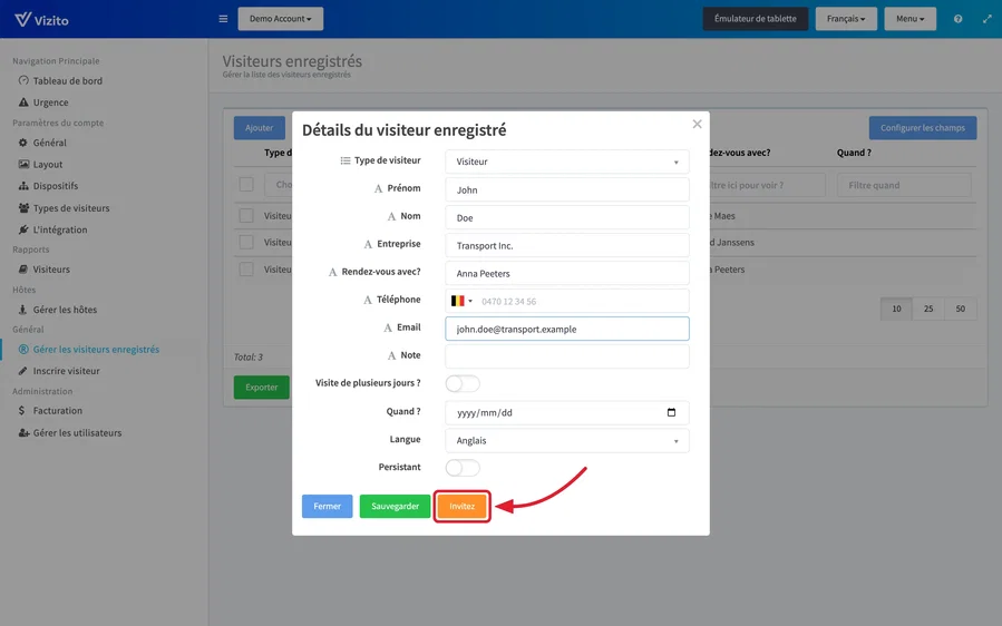 inviter un visiteur enregistré