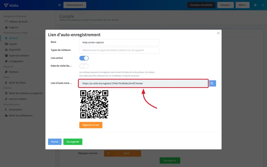 la fenêtre du lien d’auto-enregistrement