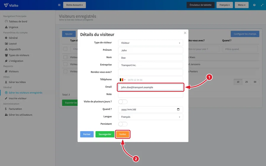 Renseigner l&rsquo;adresse e-mail et cliquer sur Invitez