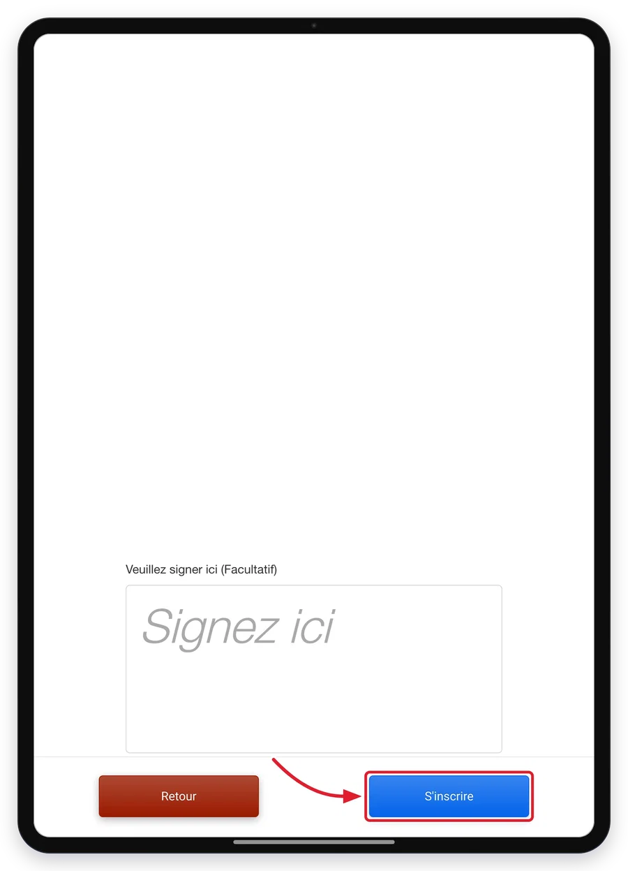 L&rsquo;écran de signature sur la tablette