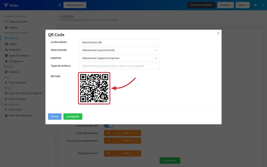 la fenêtre QR Code affichant le code généré