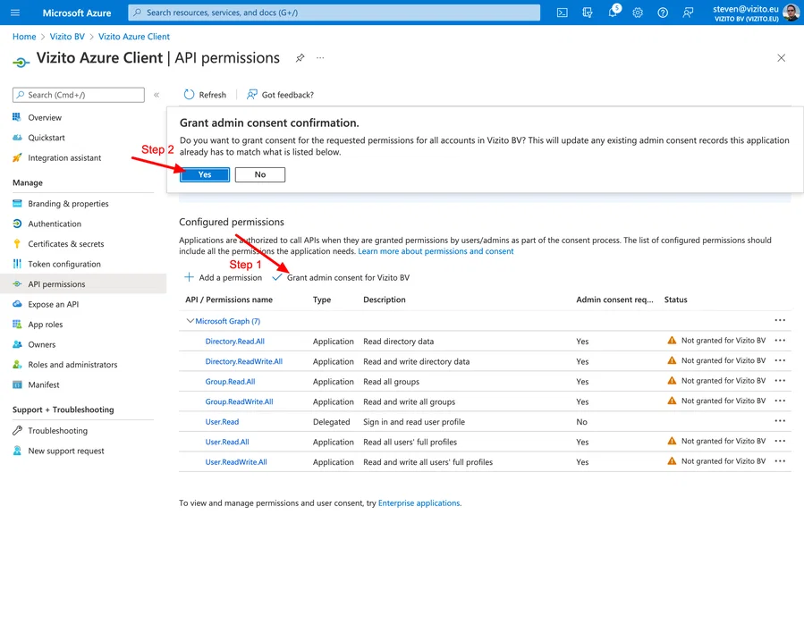 Accorder les autorisations de l&rsquo;intégration Vizito Azure Active Directory