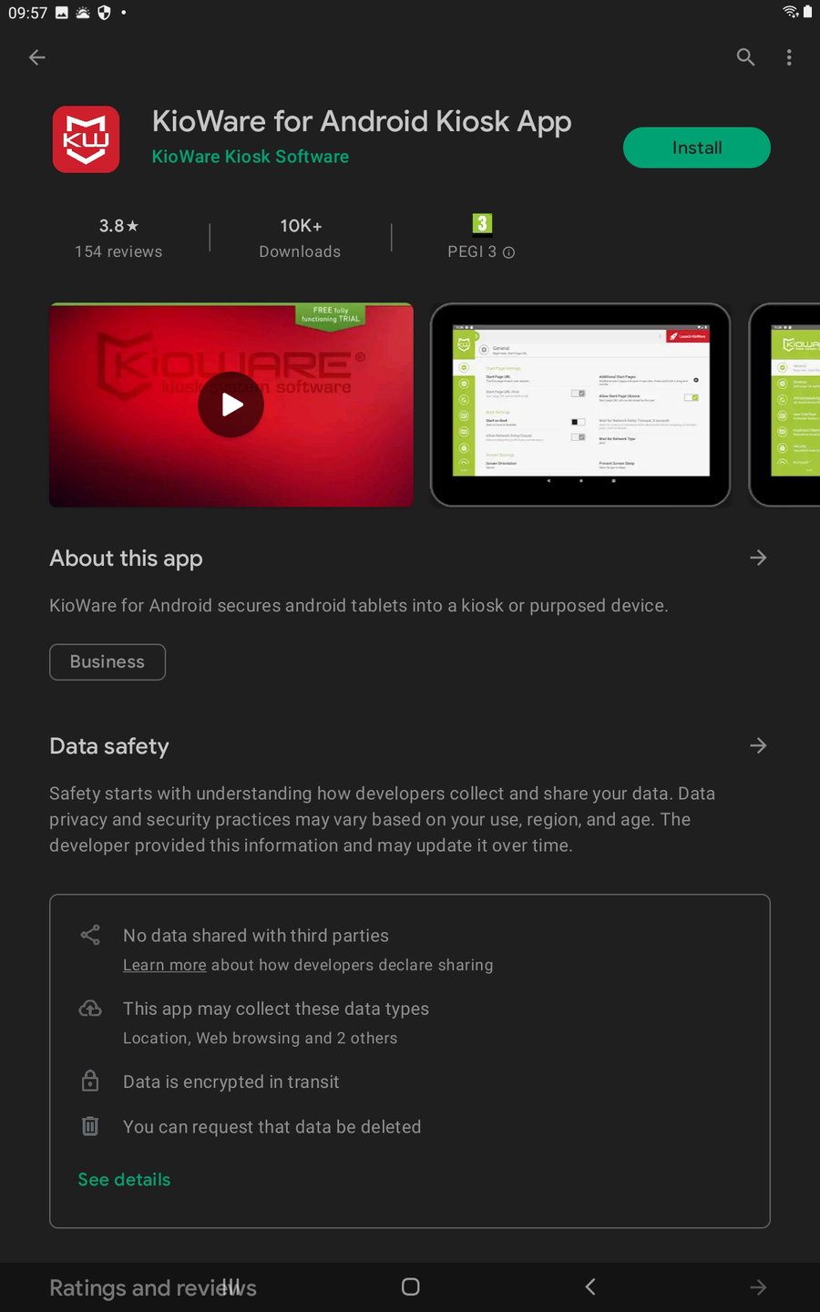 Détails de l&rsquo;application kioware dans le play store sur tablette Android