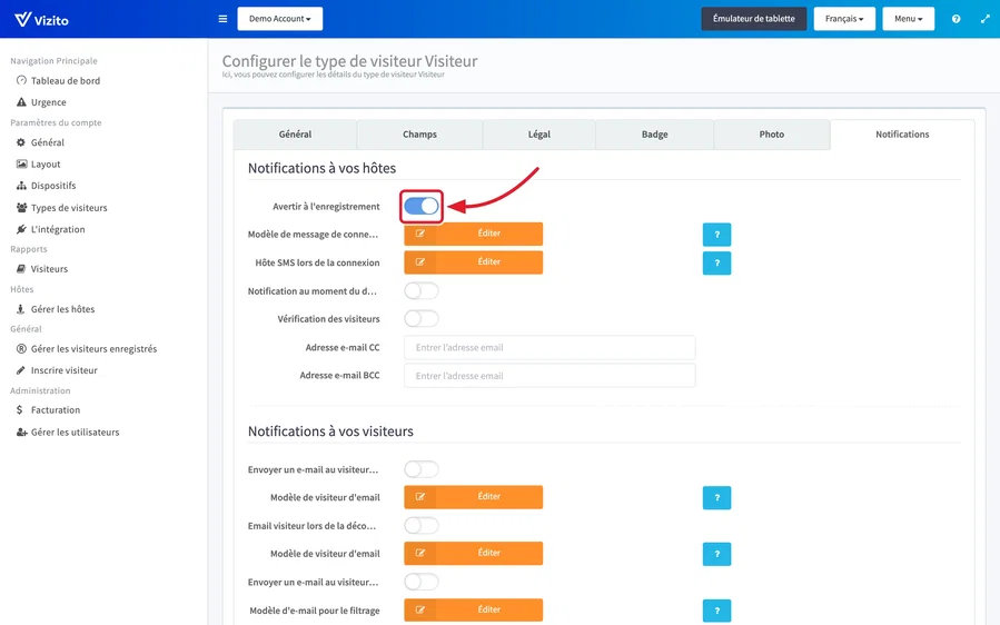 e-mail à l’hôte lors de l’enregistrement