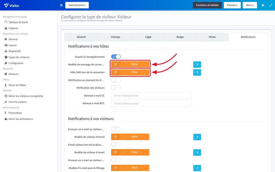 modifier les modèles e-mail et SMS
