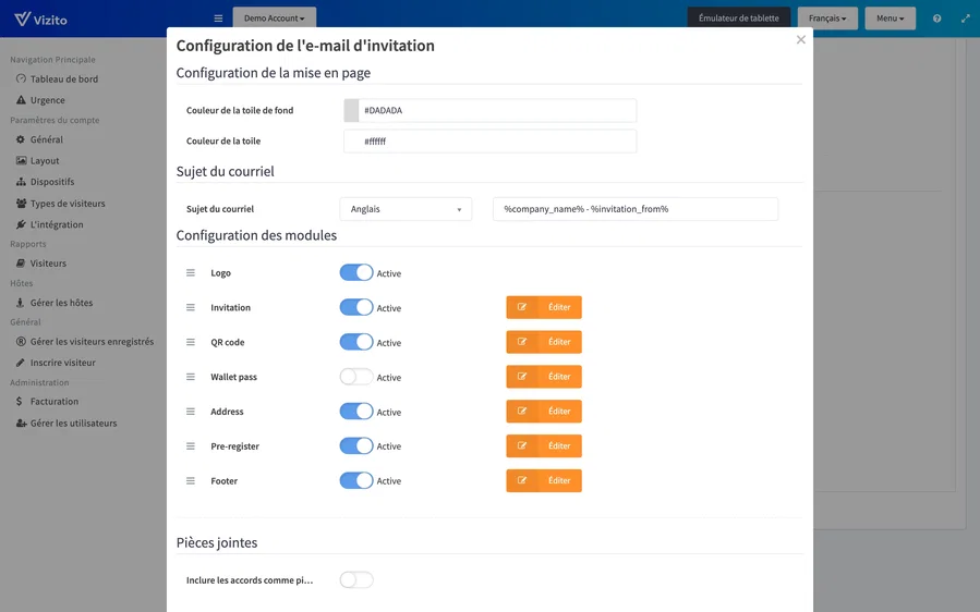configuration de l&rsquo;e-mail d&rsquo;invitation