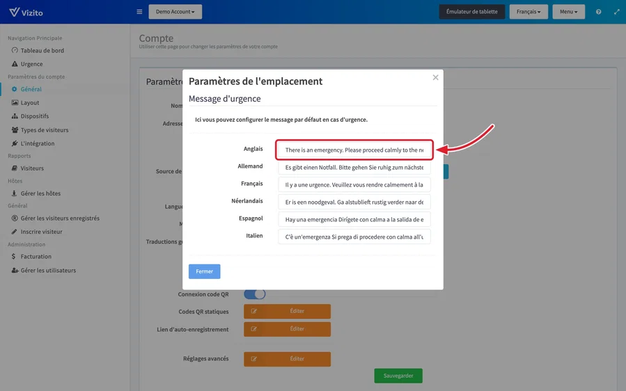 modifier le message d’urgence