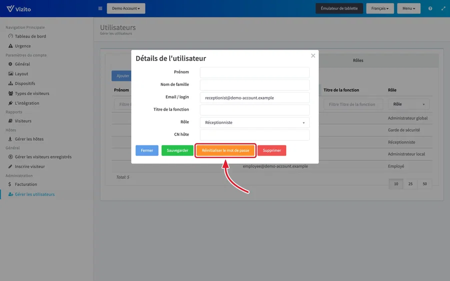 le bouton Réinitialiser le mot de passe dans Détails de l’utilisateur